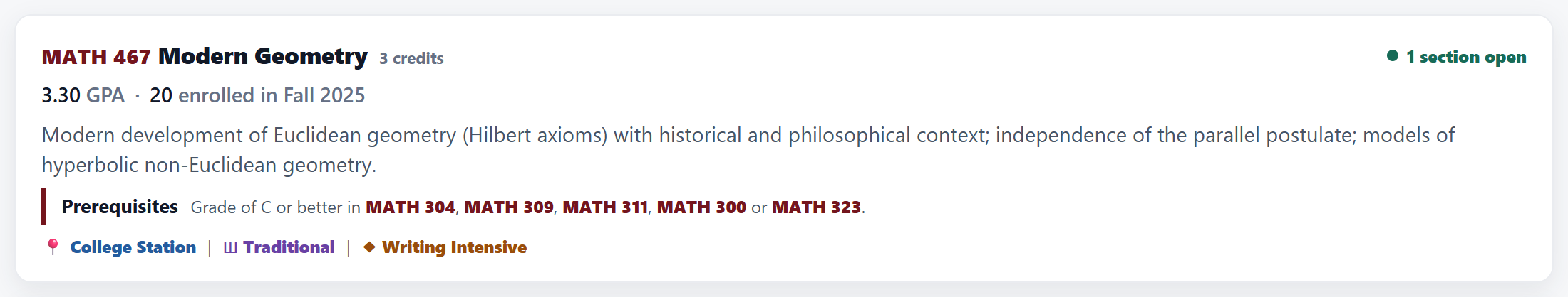 A result card for MATH 467 Modern Geometry showing 3 credits, one section open, a 3.30 GPA, enrollment, the course description, prerequisites and attribute tags.